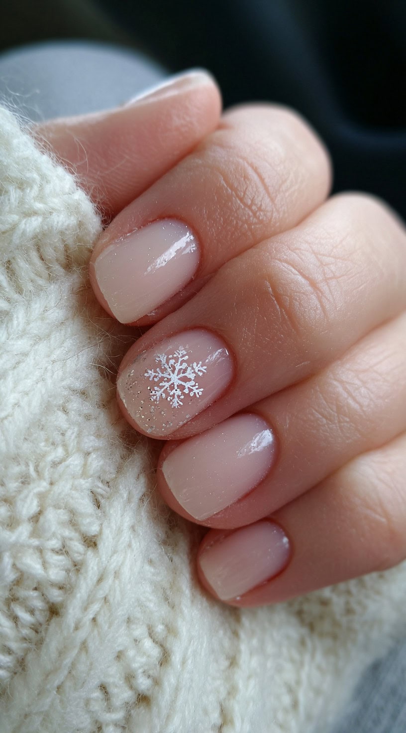 Short nude nails with a single white snowflake accent on the ring finger and subtle glitter near the tips.