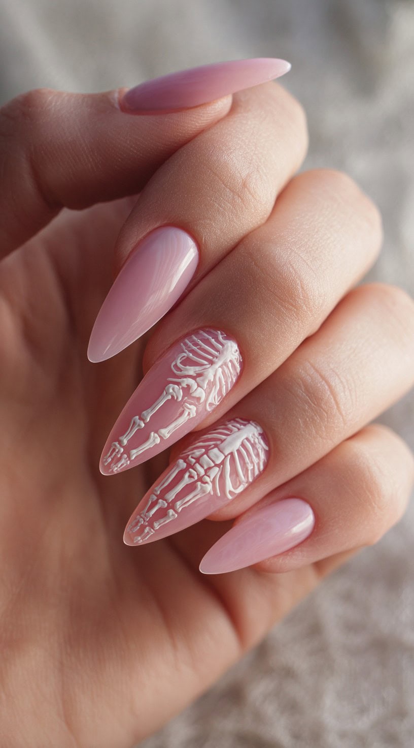 Hand with long pink stiletto nails featuring detailed white skeleton bone designs on accent nails.