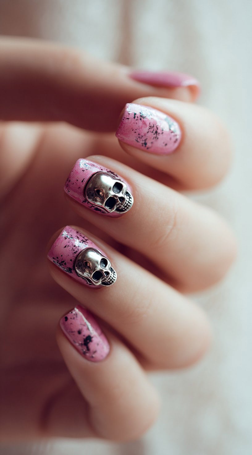 Hand with short square pink nails featuring splattered black accents and silver 3D skull embellishments.
