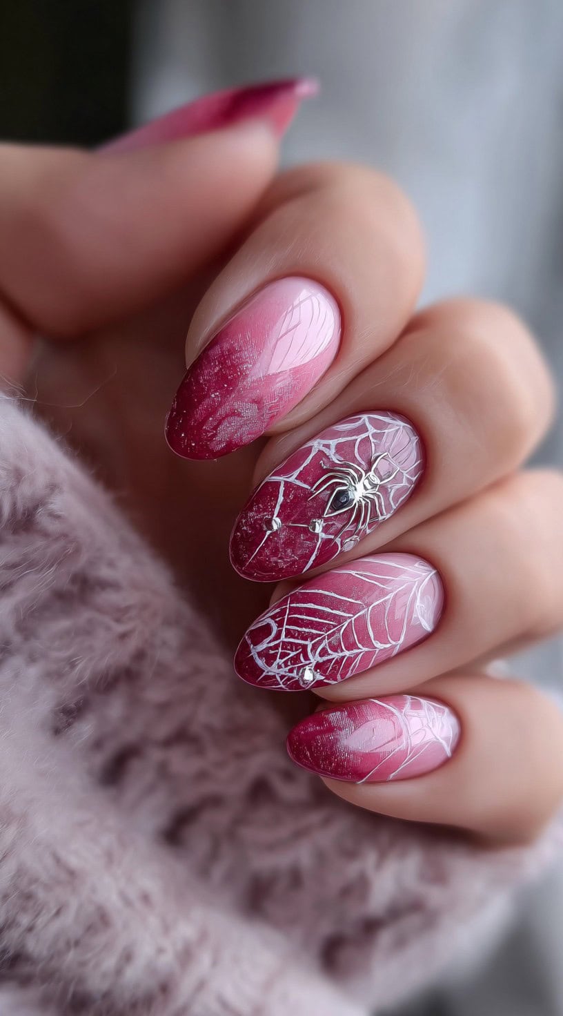 A hand with rounded pink nails decorated with white spiderwebs, a silver spider charm, and small rhinestones.