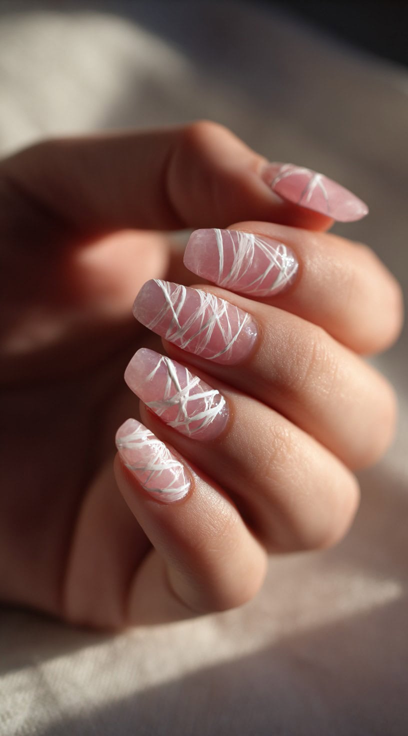Hand with medium-length square pink nails featuring white crisscross lines mimicking mummy wrappings.