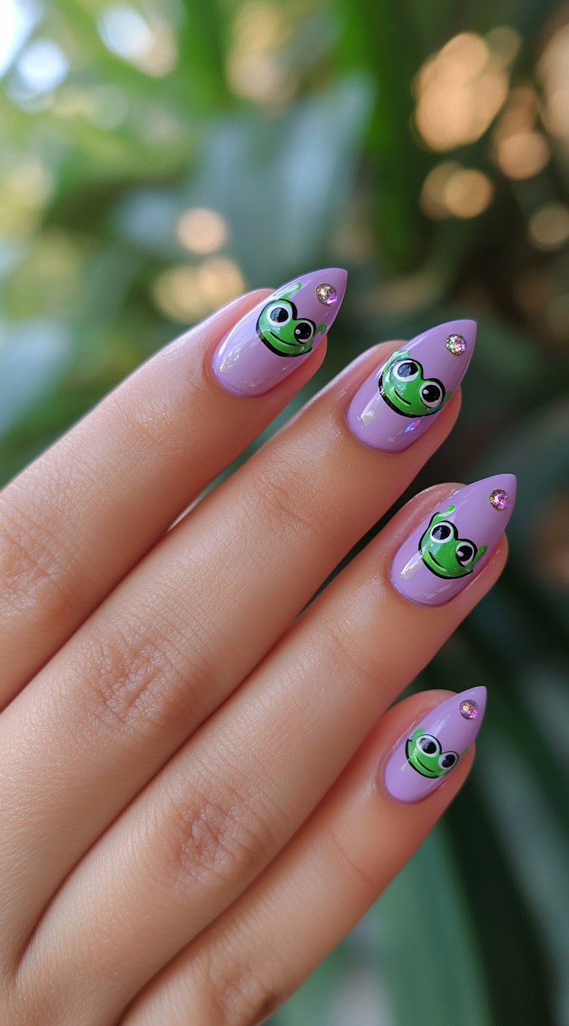 Almond-shaped nails painted in soft lilac with cute cartoon frog faces and small rhinestones accenting each nail.