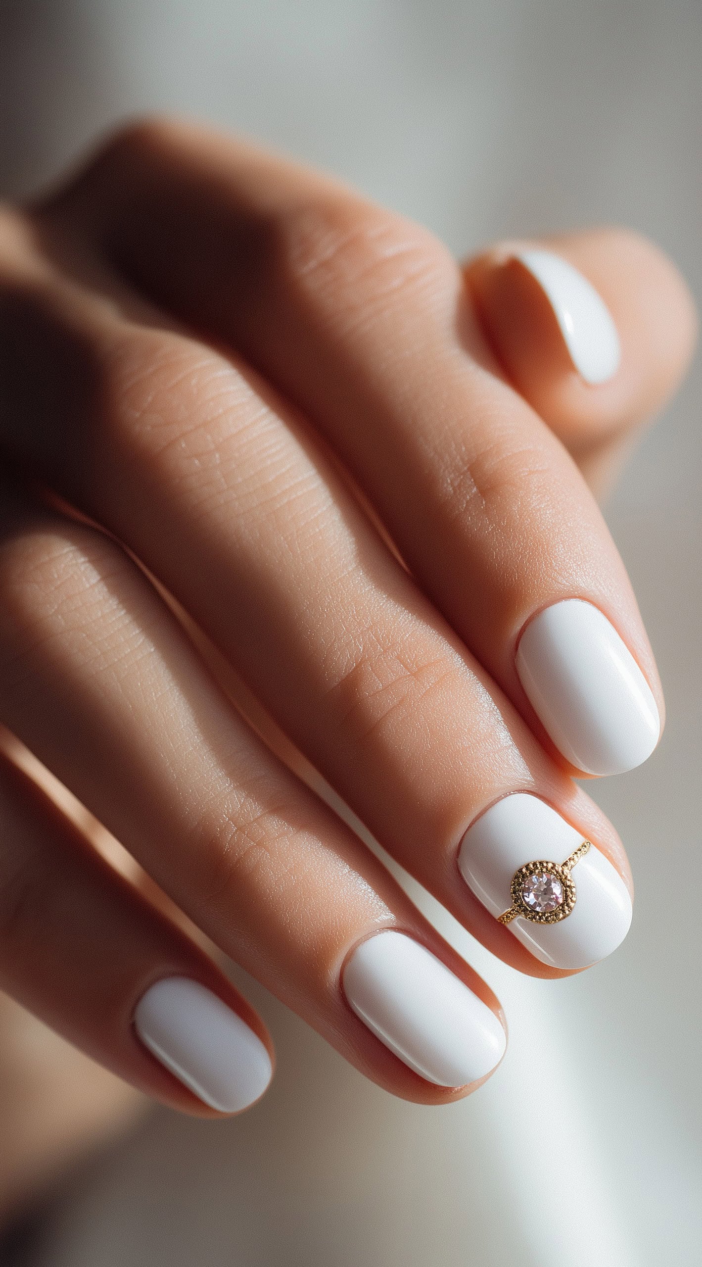 Short round nails in a solid matte white finish, with a single tiny 3D gold ring and gem detail on the ring finger.