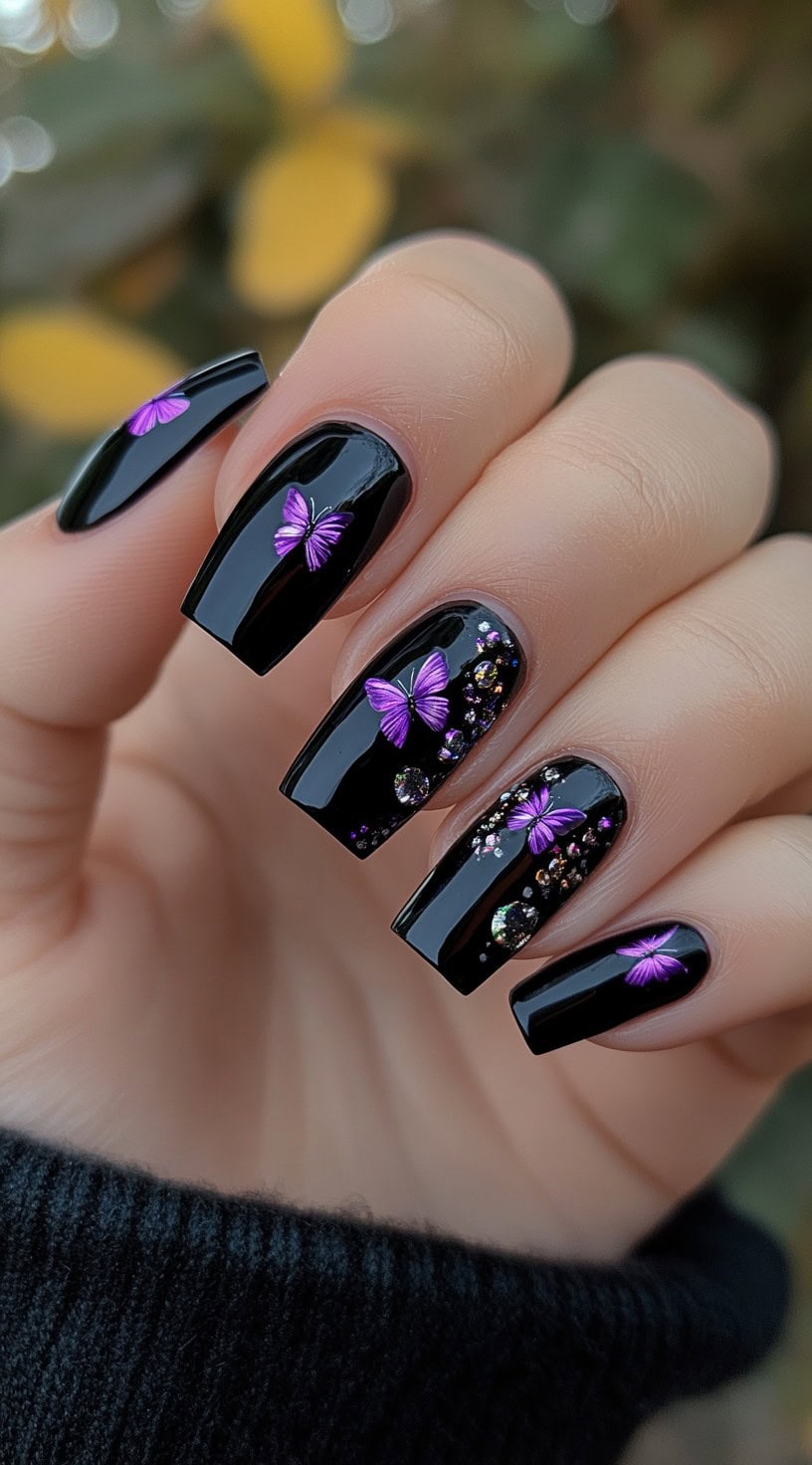 A hand with shiny black nails adorned with tiny 3D purple butterflies and crystal-like gems scattered across a few fingers.