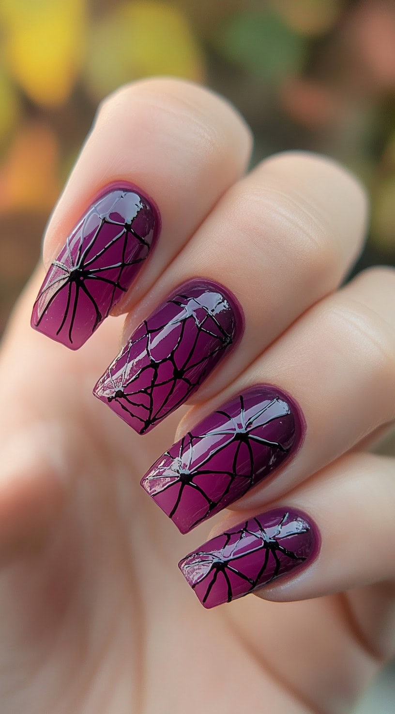 Square nails painted in a deep purple chrome with black spider web patterns over each nail.