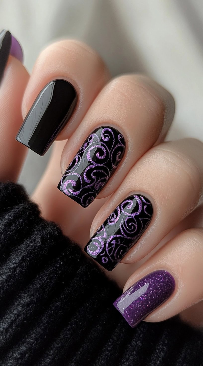 A hand with medium-length square nails in glossy black featuring purple glitter swirl designs and a single solid purple glitter accent nail.