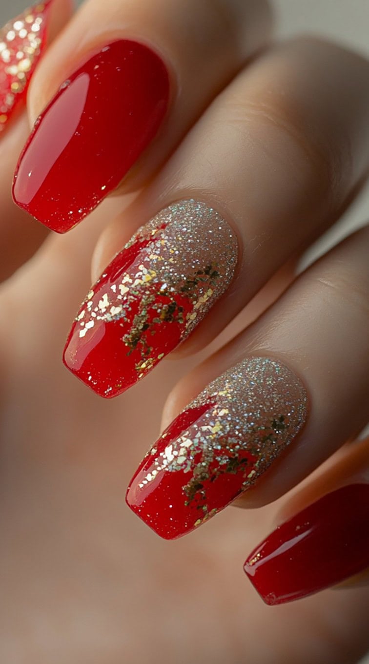 A glamorous red manicure transitioning into a sparkling gold glitter ombré effect on long square-shaped nails.