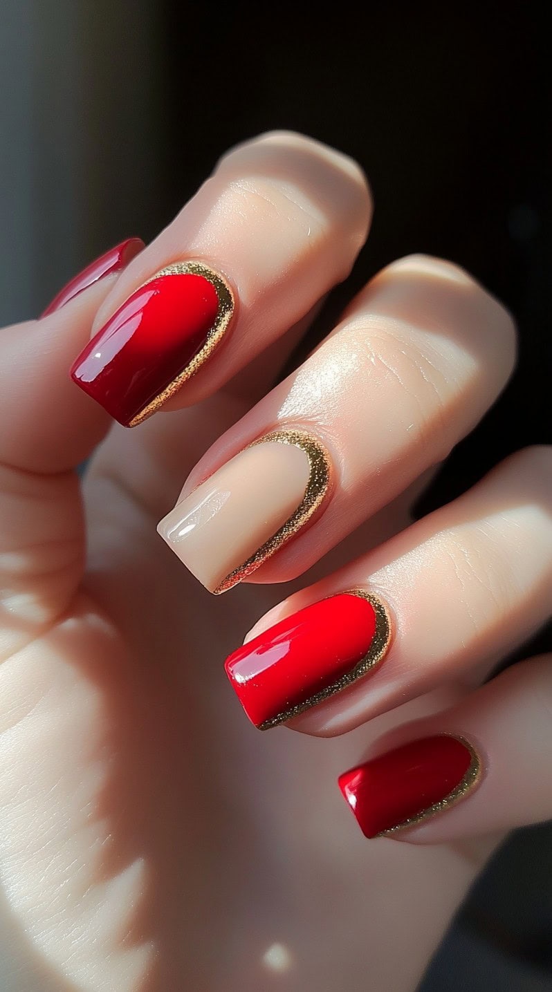 A mix of glossy red and nude nails with elegant gold borders on a square nail shape.