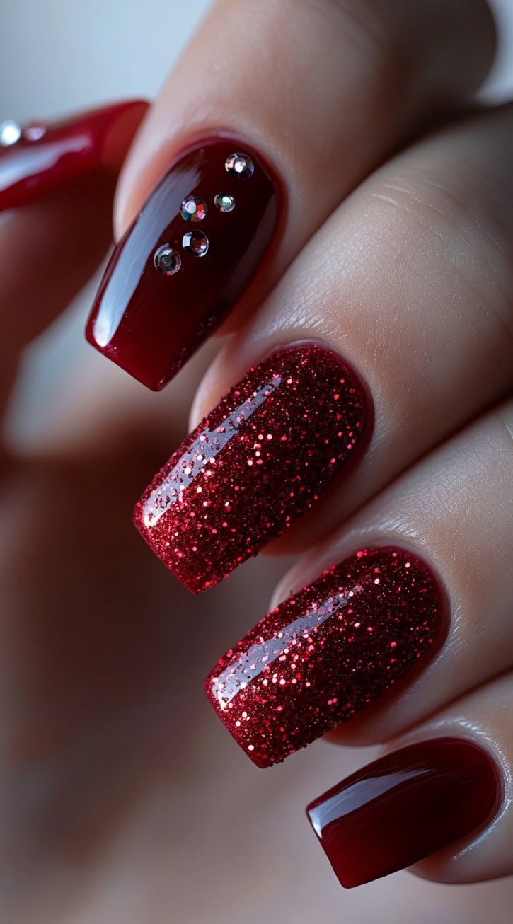 A striking red glitter manicure with a mix of full-glitter and glossy nails, featuring rhinestone accents on a square nail shape.