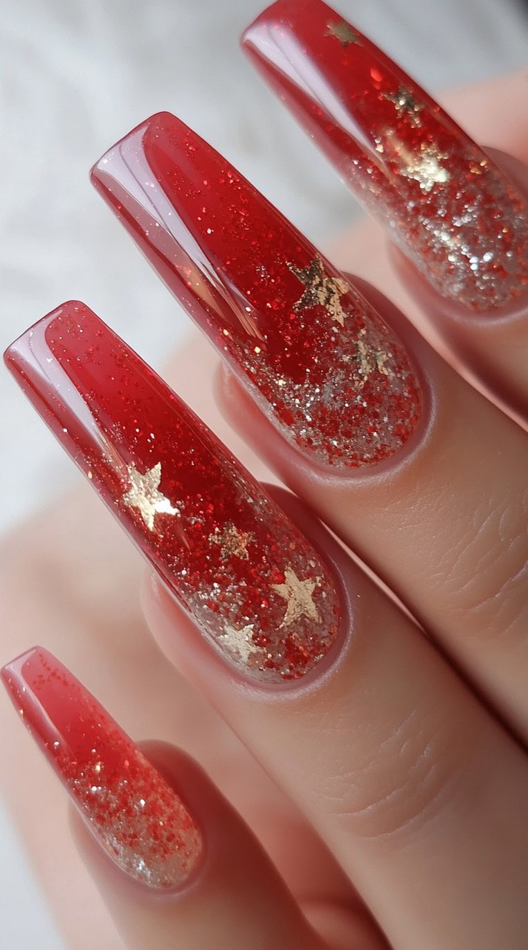 A set of long coffin-shaped nails with a red-to-clear glitter ombre effect, featuring encapsulated gold star accents for a celestial bridal touch.