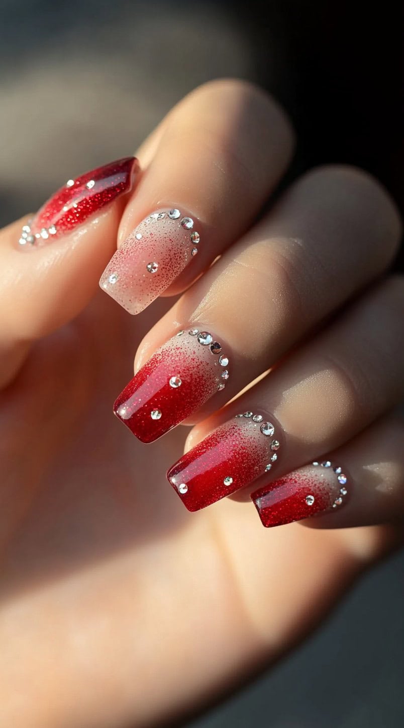 A set of square-shaped nails featuring a soft red-to-clear ombre effect, adorned with small rhinestones along the cuticle and scattered across the nails.