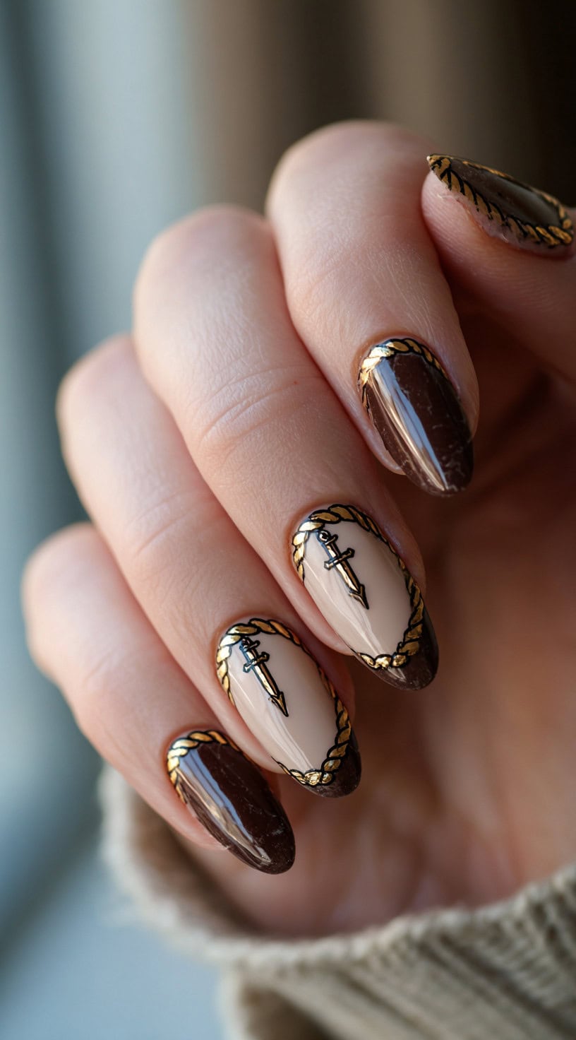 Nails in brown and nude tones are detailed with small swords framed by gold rope-like borders.