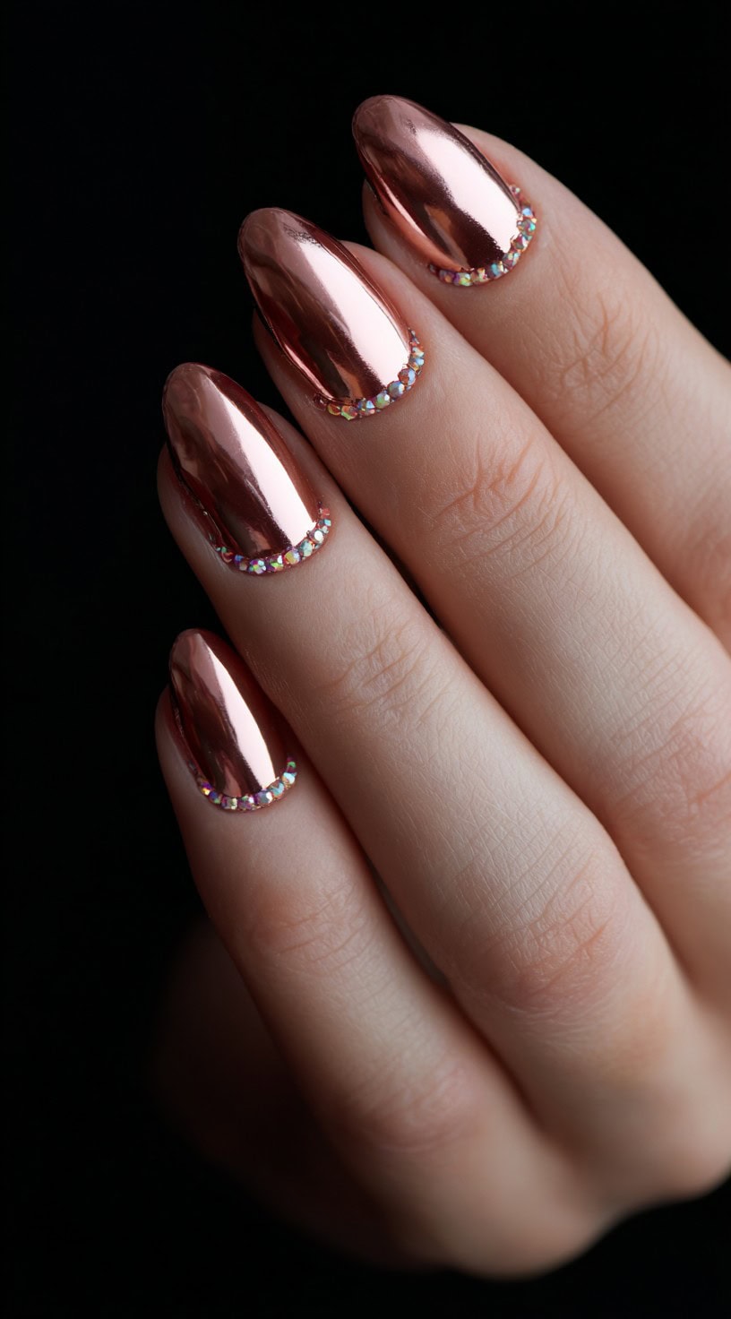 Shiny rose gold chrome nails shaped in a rounded almond style, each outlined at the cuticle with a row of micro rhinestones.