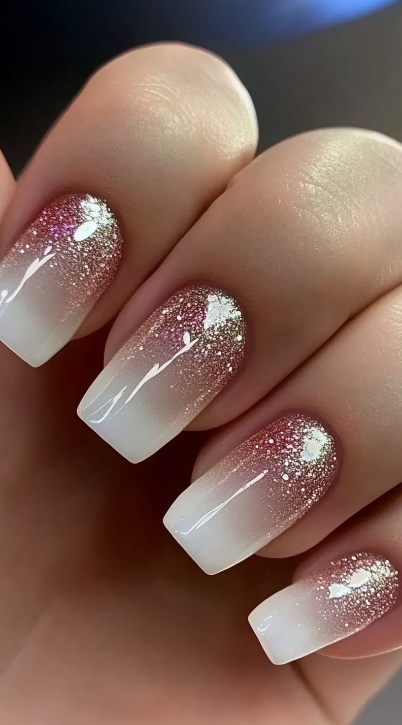 A hand with coffin-shaped nails featuring a white-to-rose-gold gradient, enhanced with fine glitter for a subtle yet striking ombré effect.
