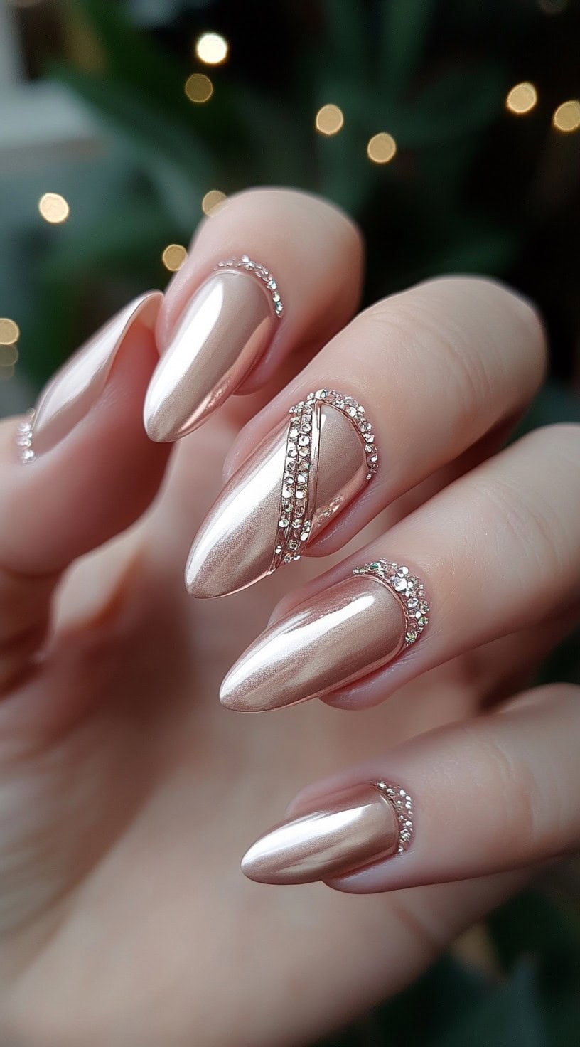 Almond-shaped nails with a rose gold chrome finish and crystal-studded cuticle designs.