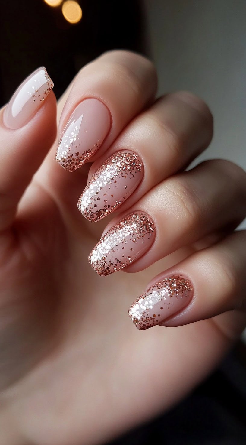 A close-up of a bride's hand with short almond-shaped nails featuring a nude-pink base with a sparkling rose gold glitter gradient on the tips.