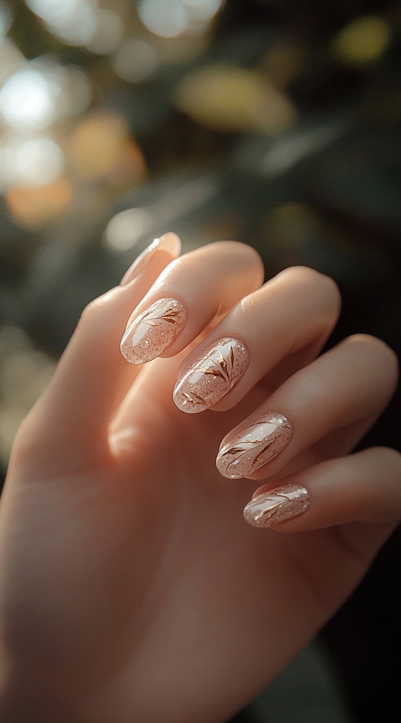 A close-up of a hand with medium-length, almond-shaped nails painted in a soft rose gold shimmer with delicate gold leaf detailing.