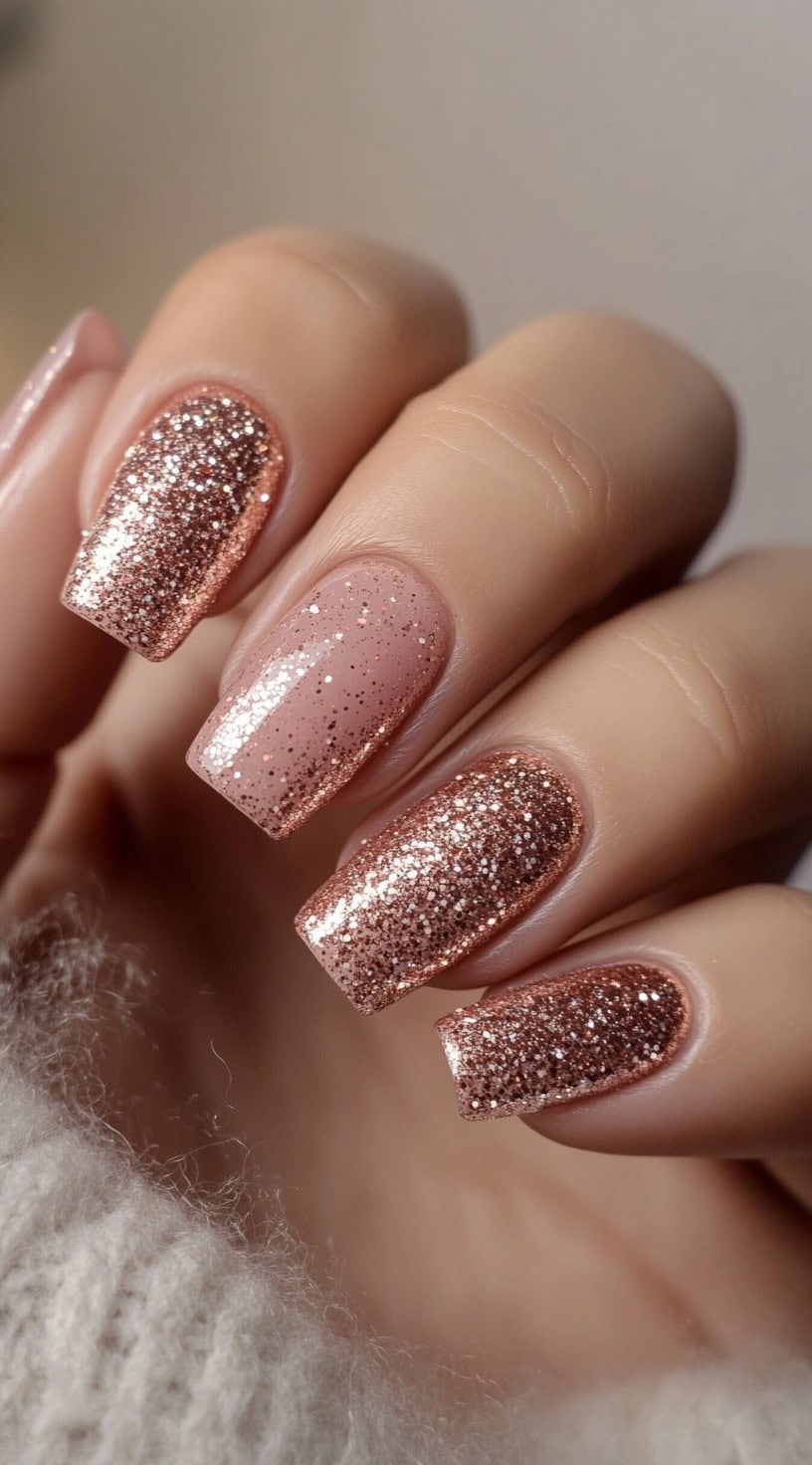 A set of square-shaped nails with a nude pink base fading into full rose gold glitter coverage.