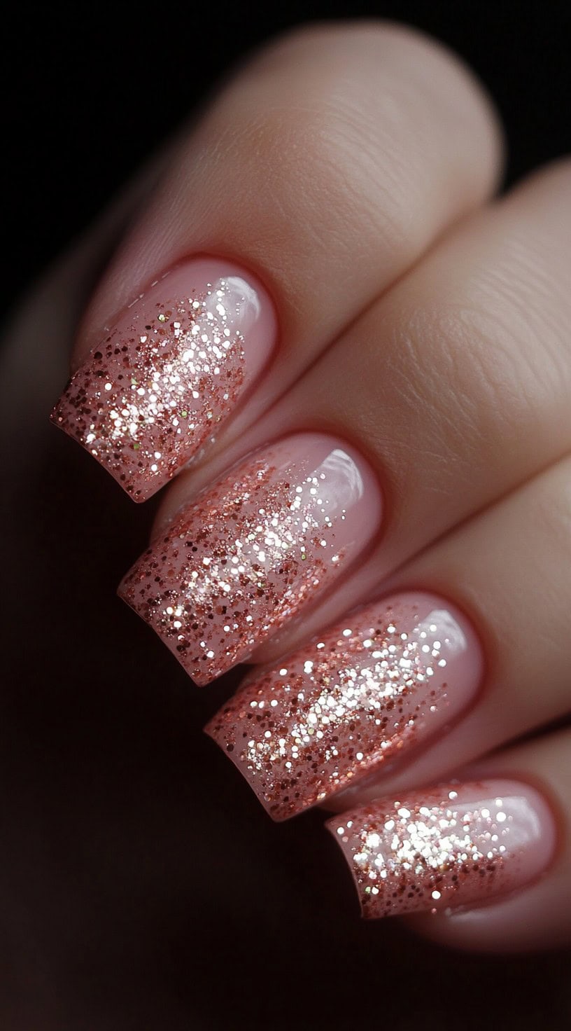 A hand with square-shaped nails featuring a sheer pink base and cascading rose gold glitter in an ombre effect.