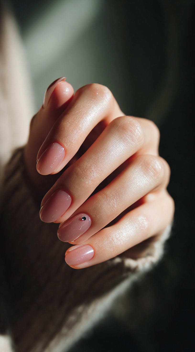 Short oval nude-pink nails with a glossy finish and a single small rhinestone on the ring finger.