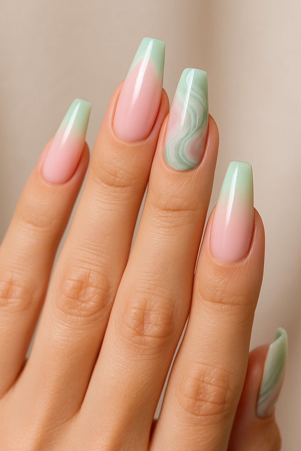 Coffin-shaped nails featuring a soft pink to mint green ombre with a marbled accent on the ring finger.