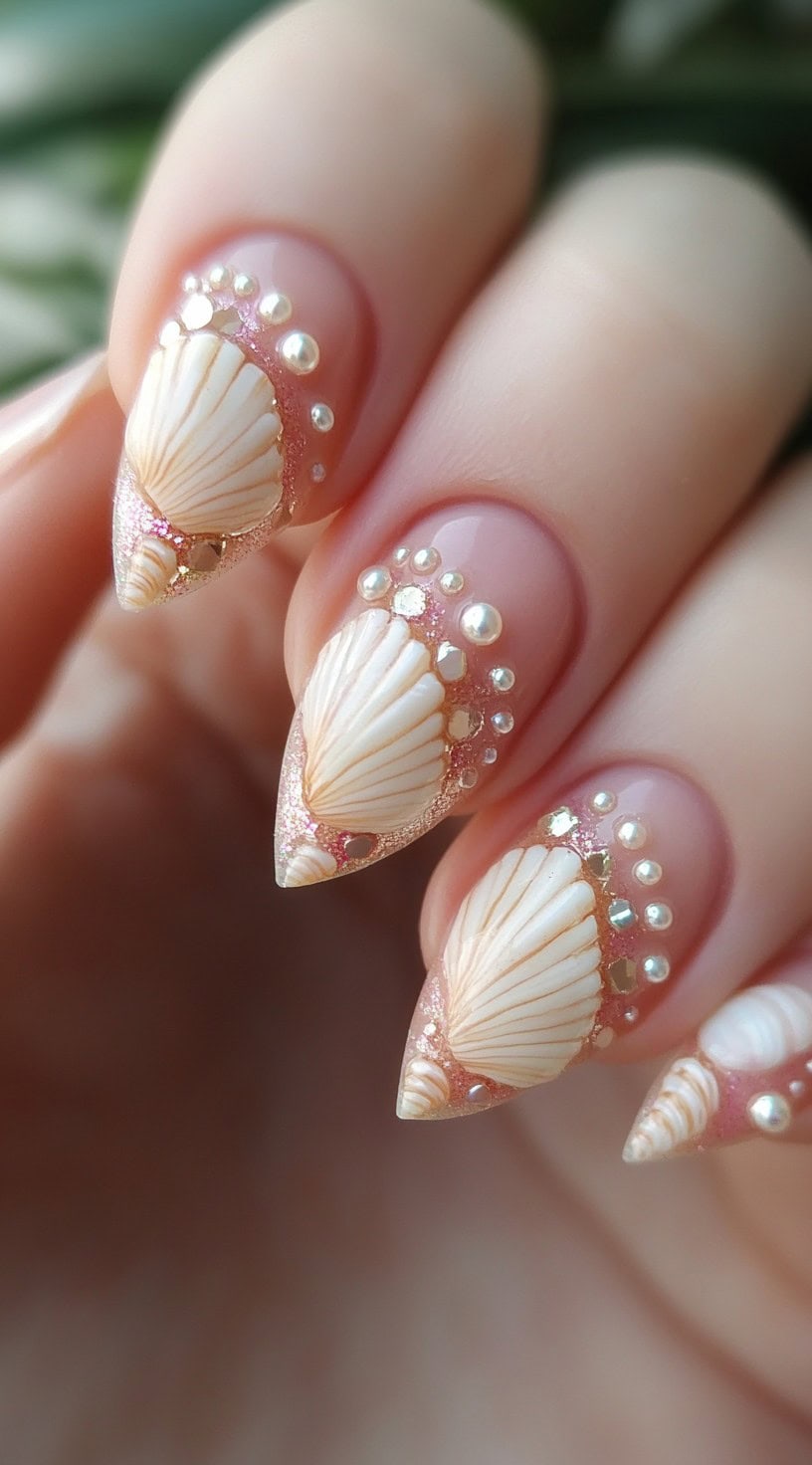 Stiletto-shaped nails with a nude base, embellished with seashell accents and pearl details, dusted with pink shimmer.