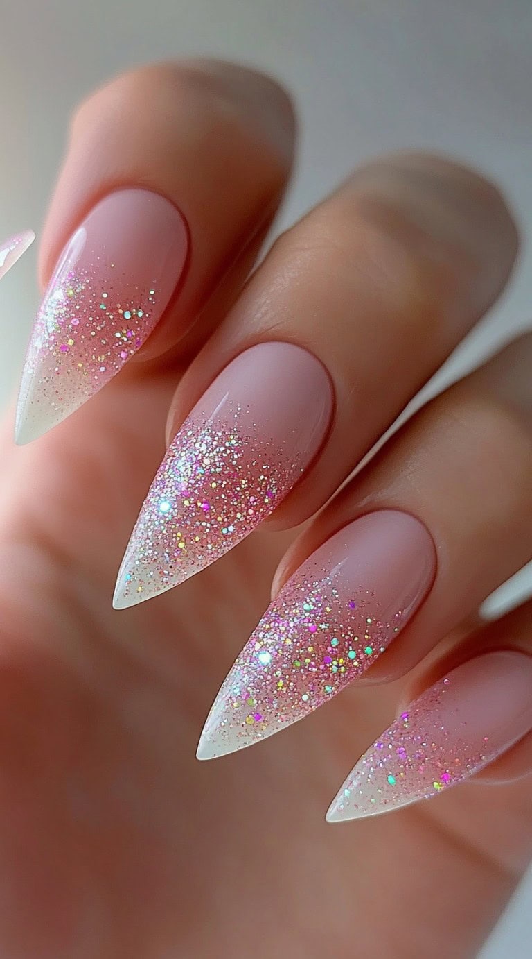 Sharp almond nails with a pink and white ombre base and holographic glitter layered over the top.