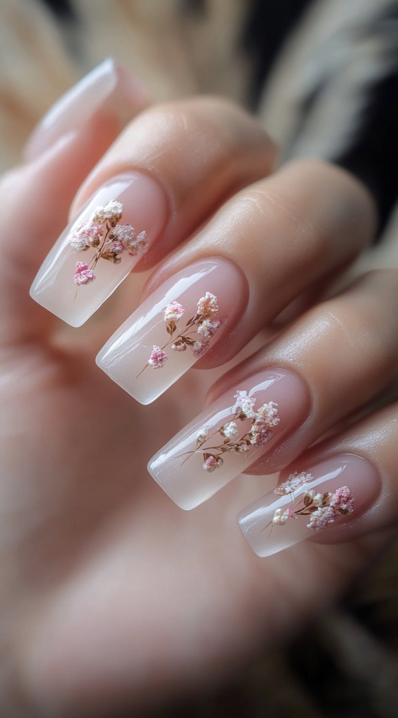 A close-up of long, sheer coffin nails featuring real dried flowers encased in gel, giving a romantic and botanical wedding look.