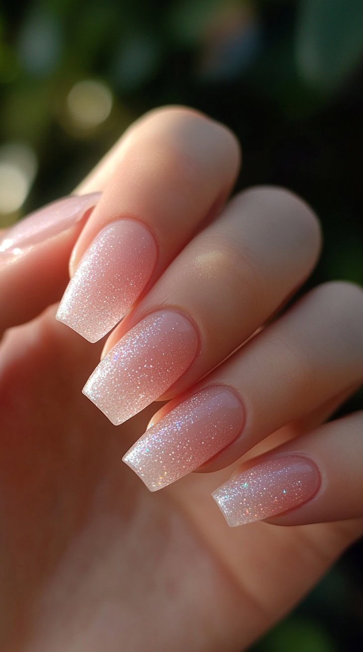 A hand with square-shaped nails featuring a soft pink gradient and fine glitter dusting over the tips.