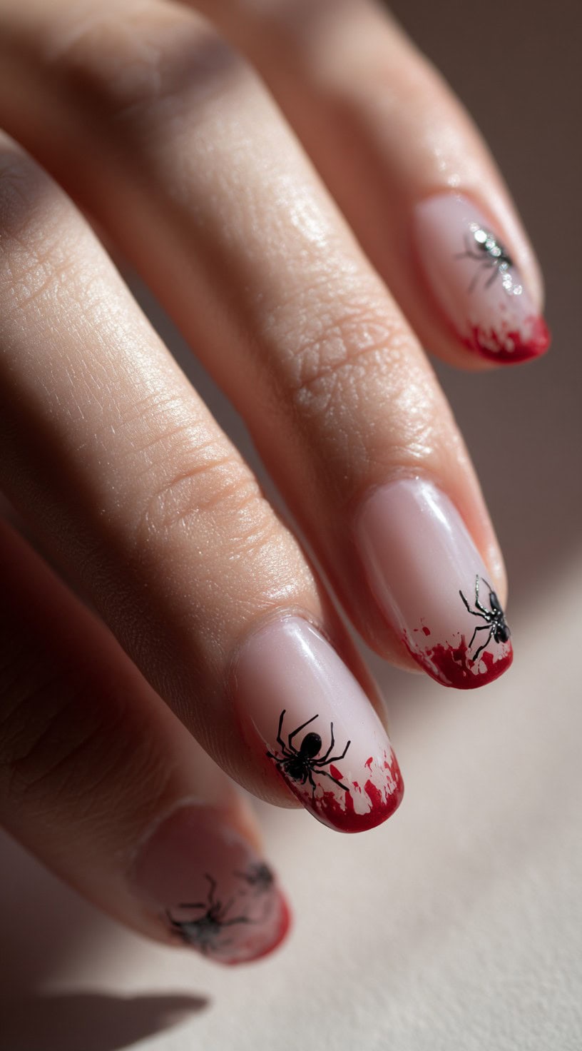 A hand with sheer nude nails that have red drip tips and tiny black spider decals near the cuticle.