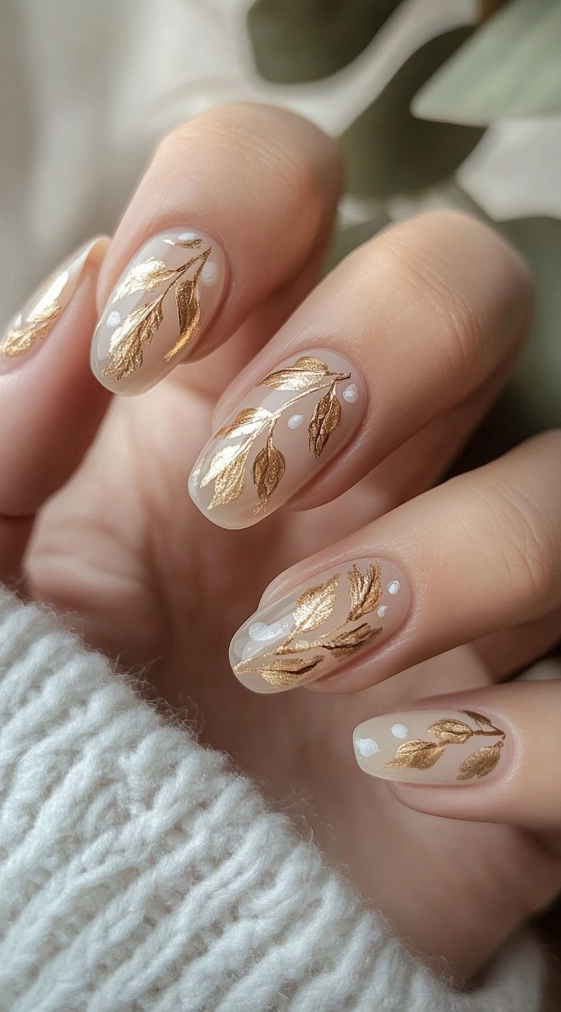 A hand with sheer nude nails featuring delicate gold leaf accents arranged in an organic, leaf-like pattern.