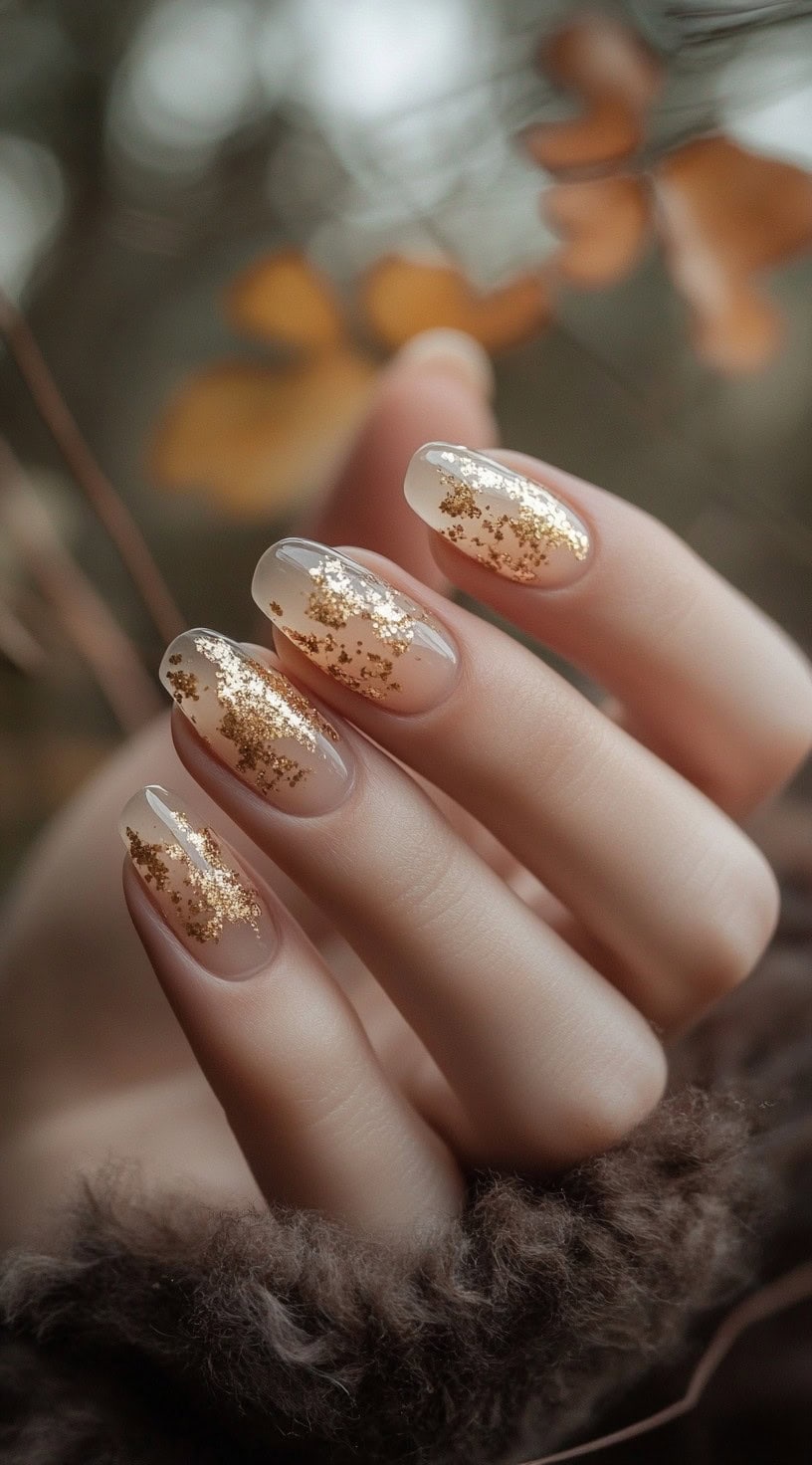 A hand with almond-shaped nails painted in a sheer nude shade with irregularly placed gold leaf accents.