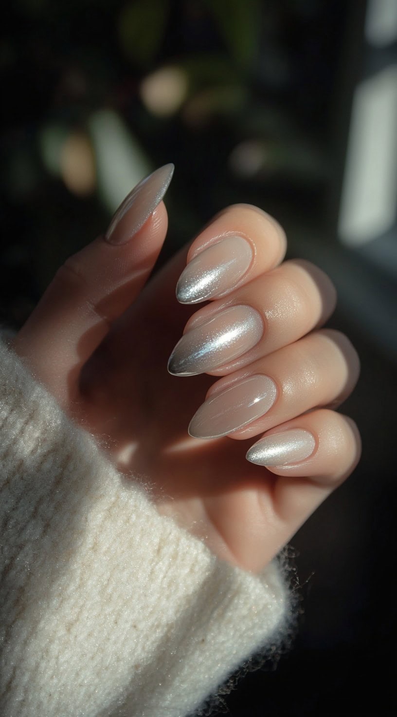 A hand with almond-shaped nails featuring a sheer nude base and metallic silver chrome tips, reflecting light beautifully.