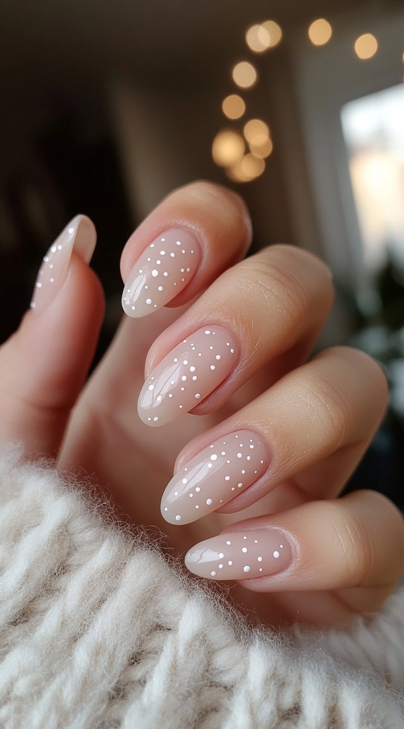 A close-up of a hand with sheer nude nails adorned with tiny white dots, creating a delicate snowfall effect.