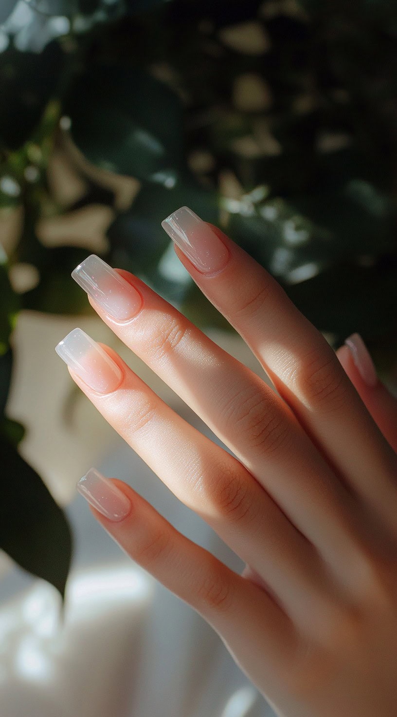 A set of sheer nude square nails with a transparent glass-like tip, creating a natural and elegant finish.