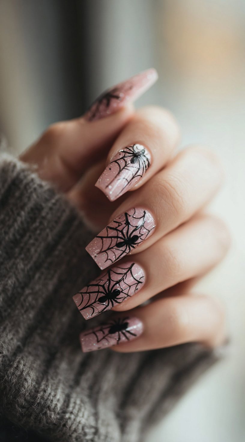 A hand with sheer pink glitter square nails decorated with black spiderwebs and spiders, including one with a small moon design.