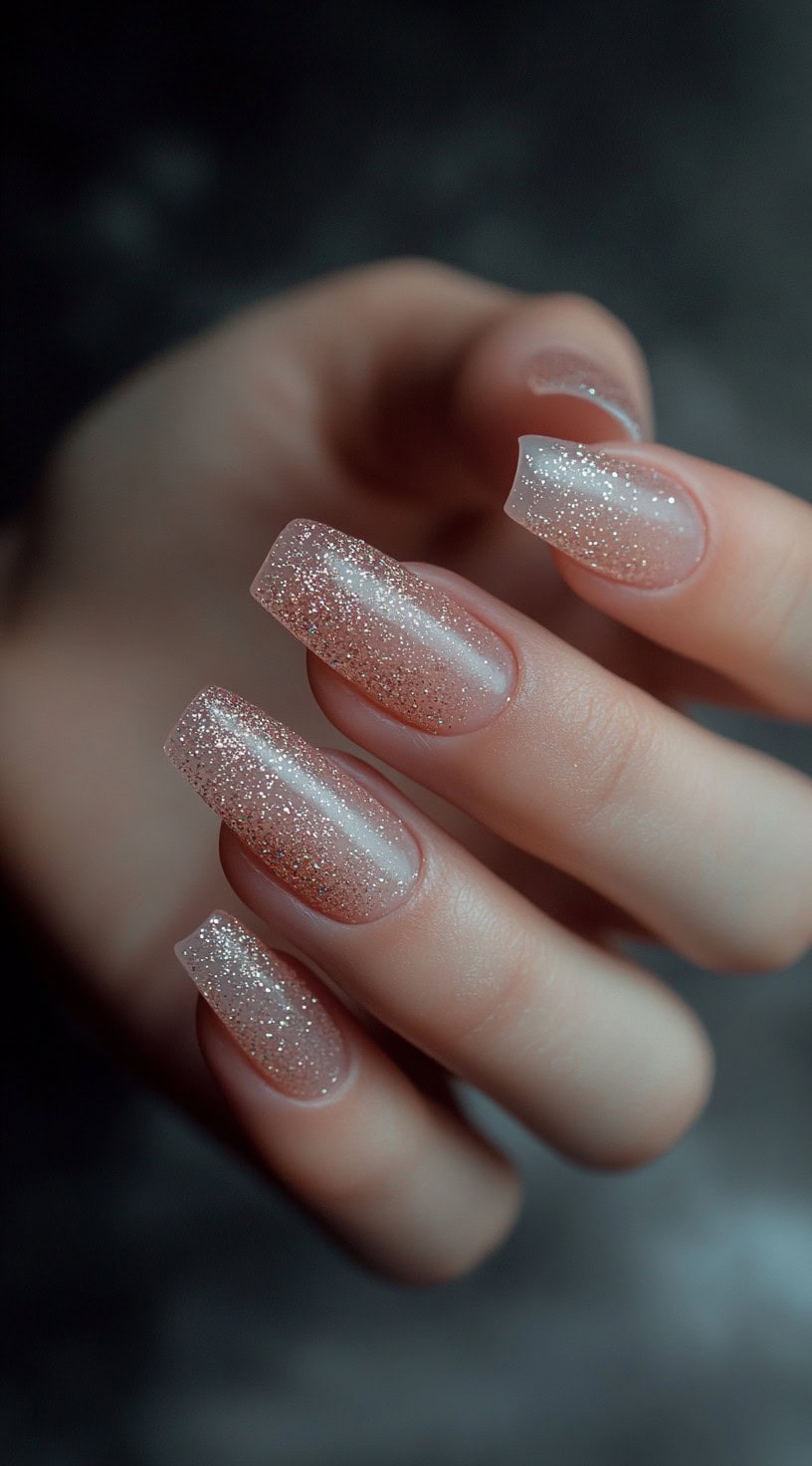 A set of long, coffin-shaped nails with a sheer pink base fading into a delicate layer of fine silver glitter.