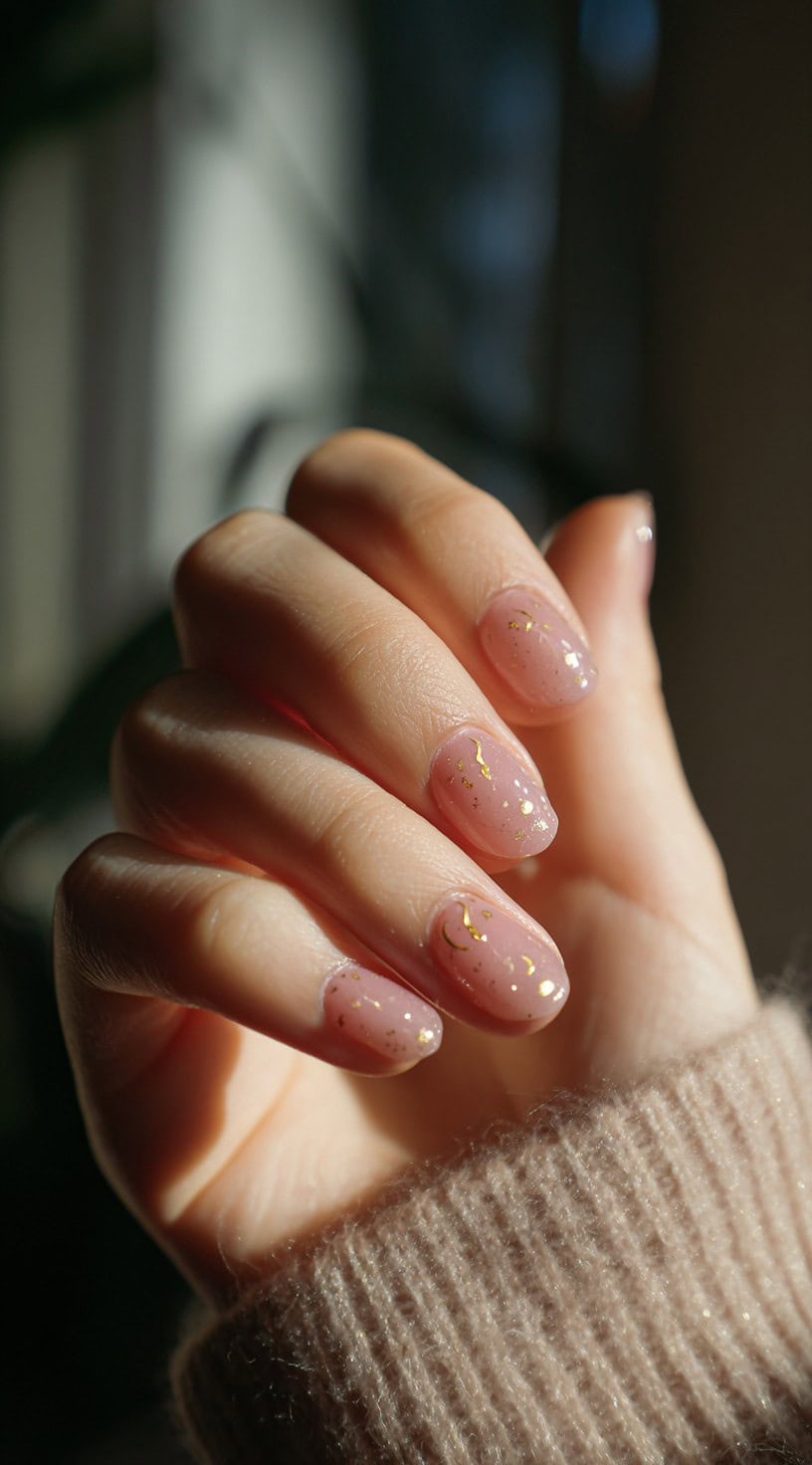 Short, rounded nails with a translucent pink base and dainty specks of gold foil scattered across the surface.