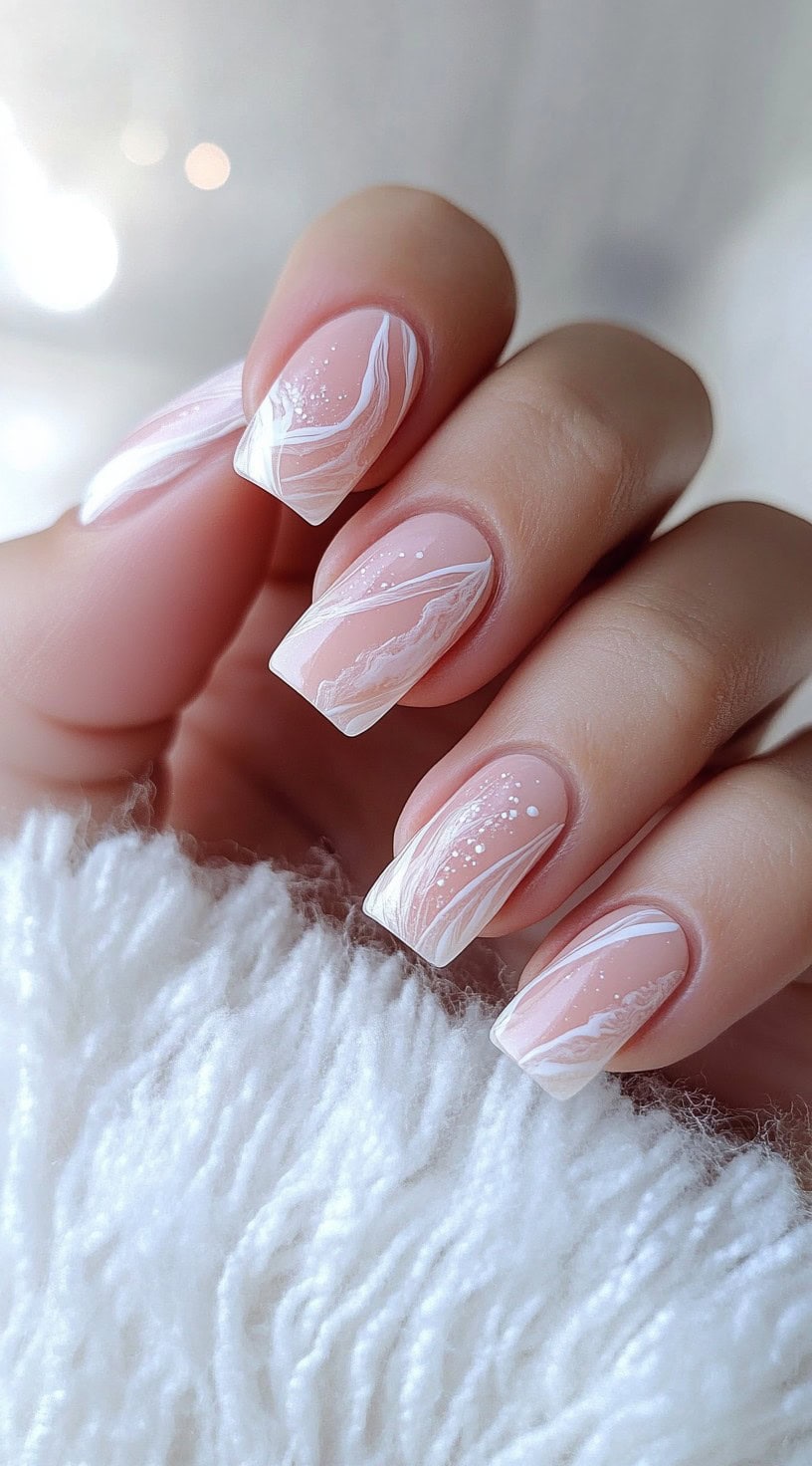 Square nude nails with soft white marbled lines and scattered dot accents.
