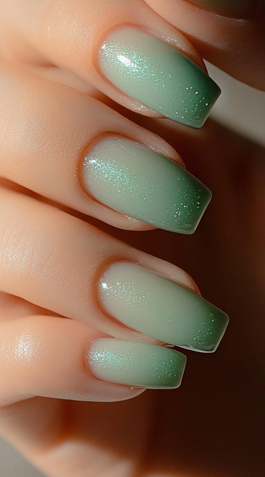 A set of square-shaped nails featuring a soft green ombre effect with a subtle shimmer, creating a dreamy and delicate look.