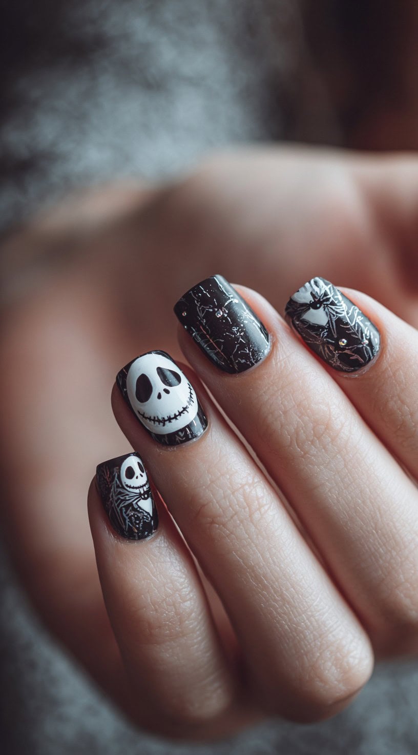 Close-up of short square nails featuring black polish with spider webs, Jack Skellington faces, and a dark spooky design.