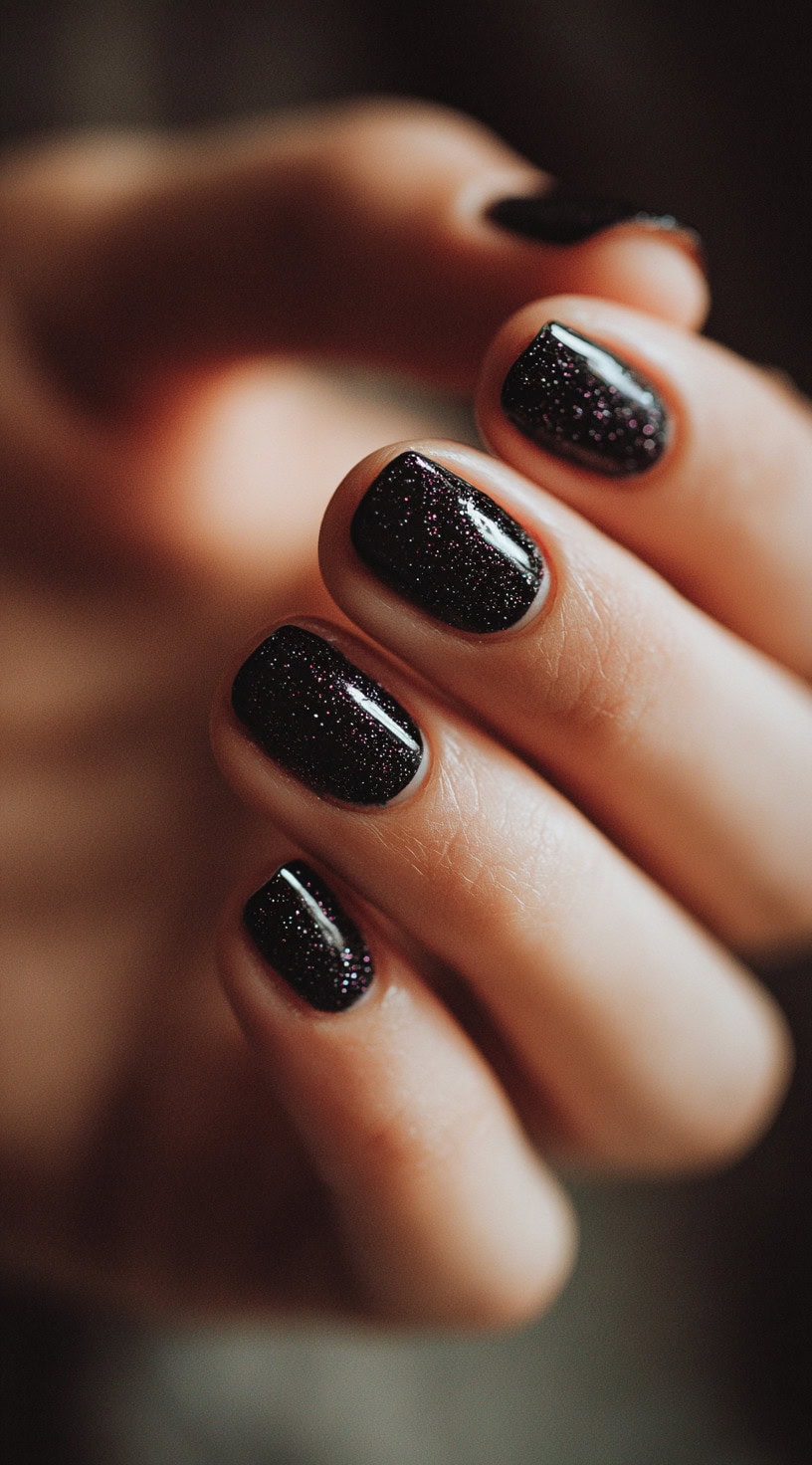 A close-up of short black nails with fine pink glitter scattered across the glossy surface.