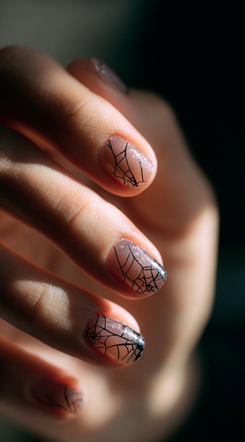 A close-up of short natural nails with sheer glittery polish and fine black spider web detailing near the tips.