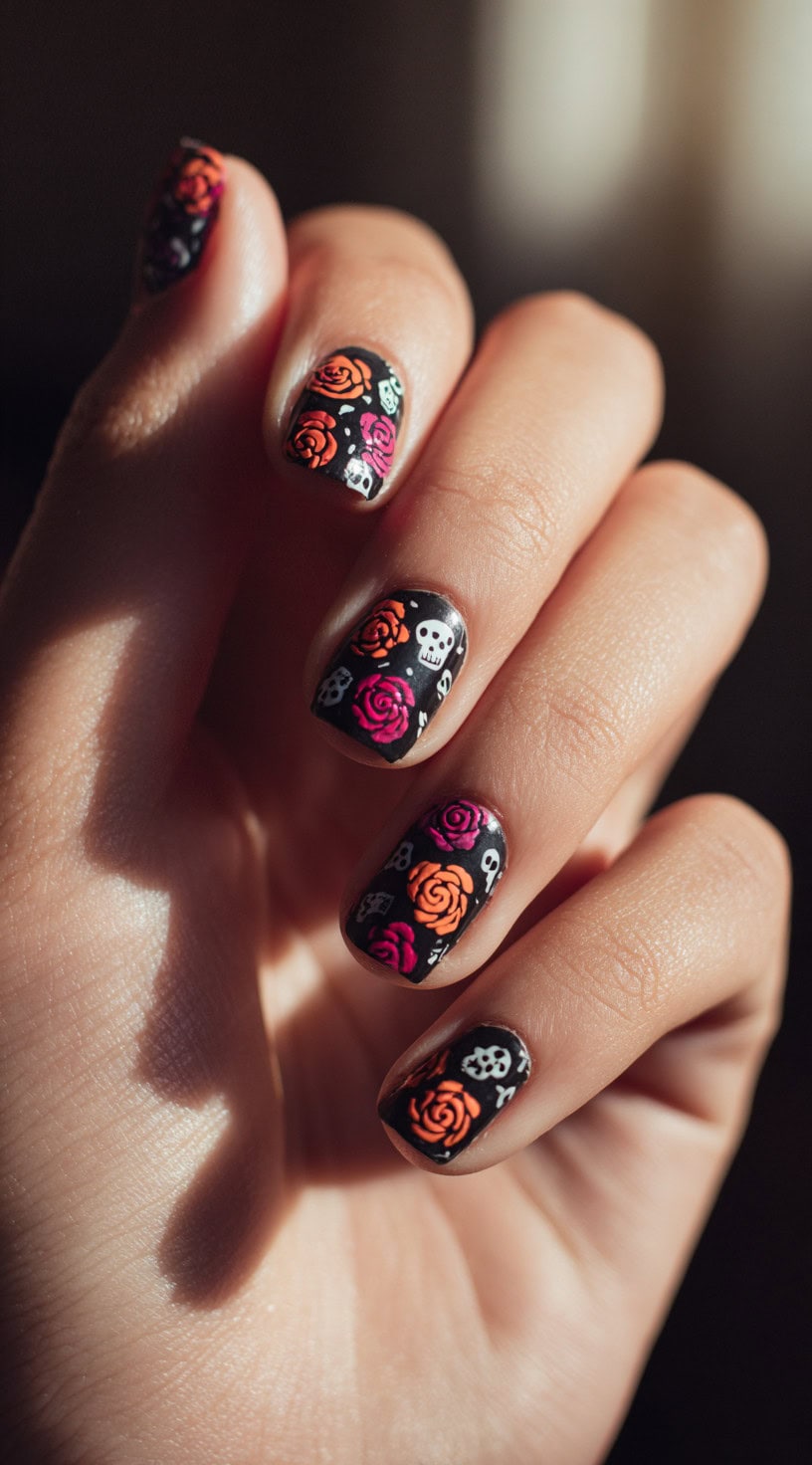 Short matte black nails covered in neon-colored rose designs and scattered sugar skulls in white.