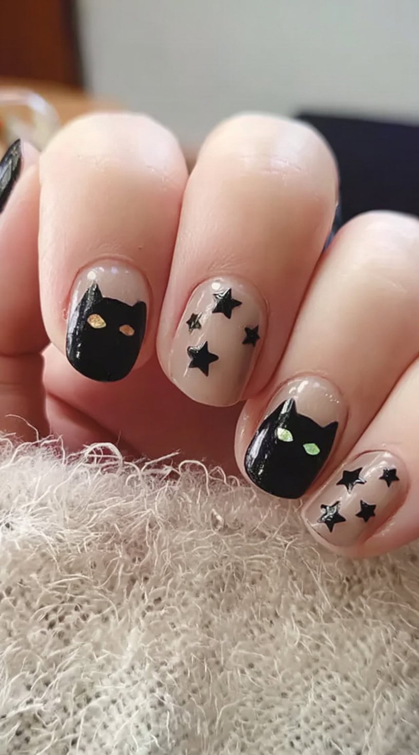Short round nails with a nude base, featuring glossy black cat heads and shiny black stars scattered across the design.