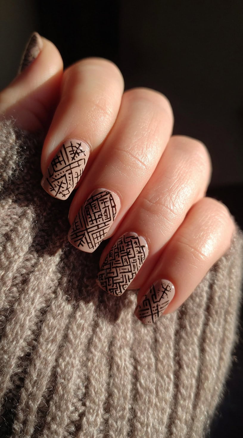 A hand with short, rounded nude nails featuring complex black rune-like patterns covering the entire nail surface.