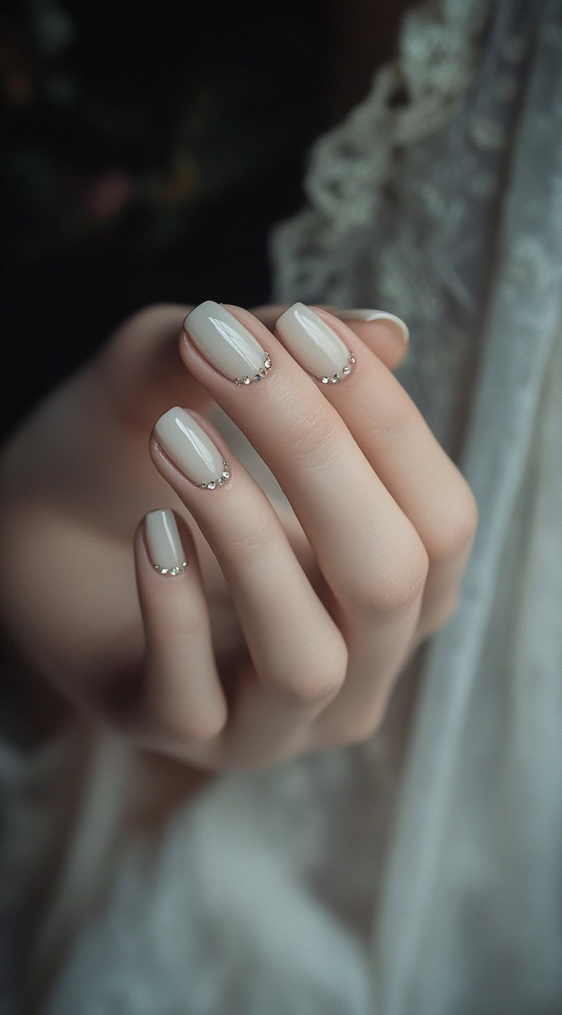 A close-up of short, rounded nails in a soft nude shade, featuring delicate rhinestones arranged along the cuticle line.