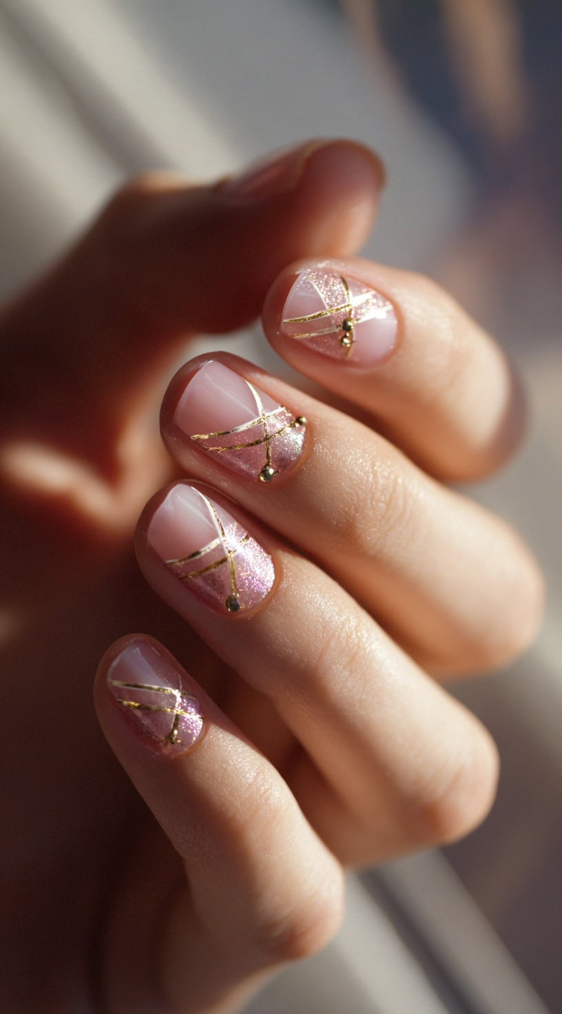 Short square nails with sheer pink glitter polish intersected by diagonal gold foil lines and small metallic dots.
