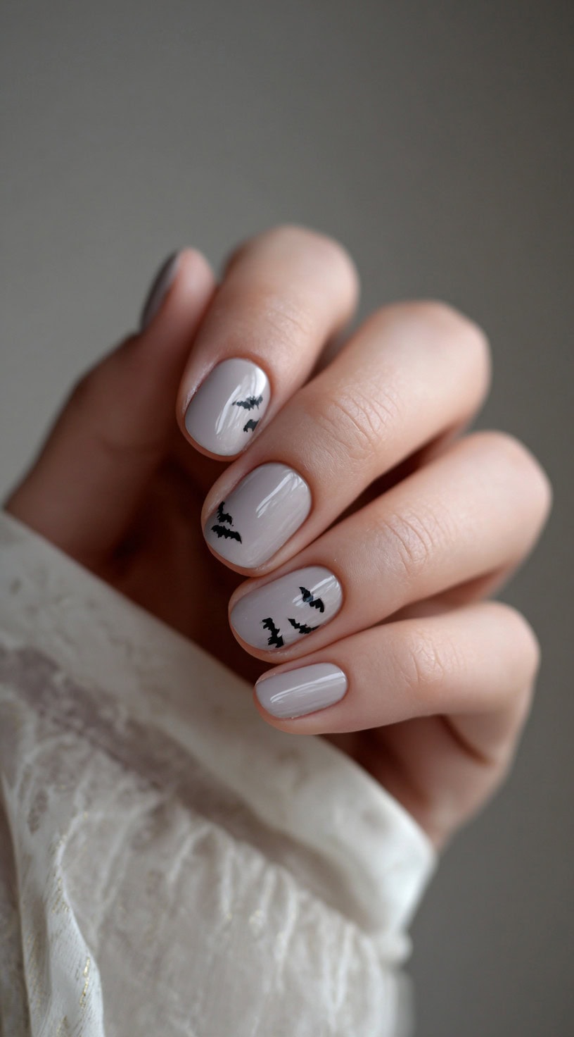 Short, rounded nails with a glossy light grey base and black flying bat decals.