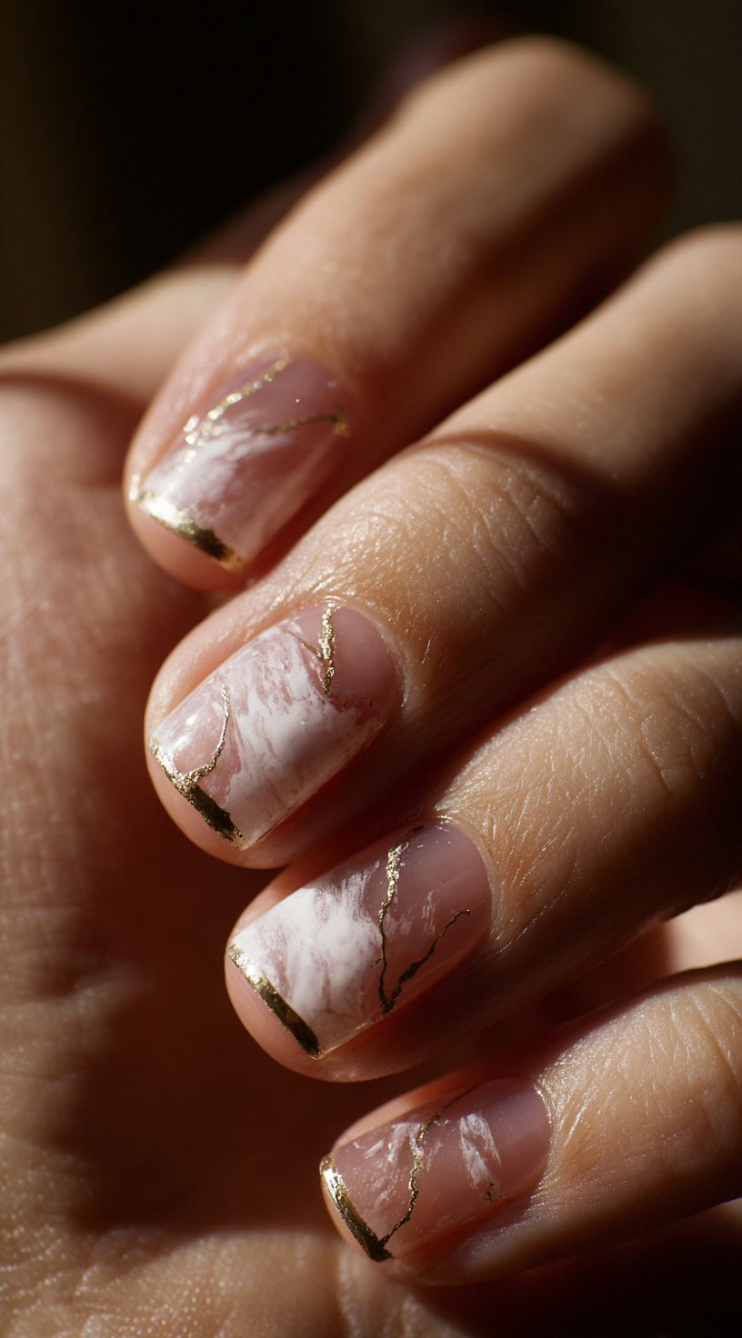 Short square nails with a pink marble base, highlighted with thin metallic gold lines mimicking the look of Japanese kintsugi repair art.
